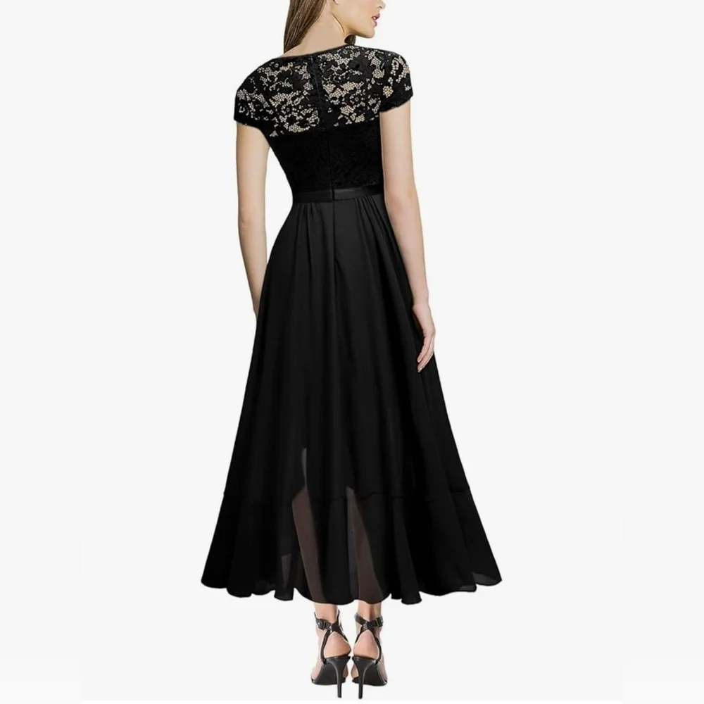 Miusol Formal Bridesmaid Lace V-Neck Coquette Ruffle Black Whimsigoth Maxi Dress - Picture 2 of 7